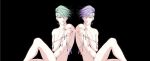  2boys black_background crystal diamond_wa_kudakenai earrings green_hair hair_over_one_eye highres jewelry jojo_no_kimyou_na_bouken kishibe_rohan male_focus multiple_boys nail_polish nude palette_swap pink_eyes purple_hair red_nails reflection string_of_jewels sumo_(komokomo1201) undercut yellow_eyes yellow_nails 