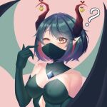  1girl breasts cleavage demon_girl demon_horns demon_wings destinyplayer1 diamond-shaped_pupils diamond_(shape) elbow_gloves eyebrows_visible_through_hair gloves green_gloves highres horns large_breasts looking_at_viewer mask one_eye_closed original red_eyes solo symbol-shaped_pupils upper_body wings 