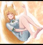  1girl absurdres animal_ears barefoot blonde_hair brown_eyes finger_touching fox_ears fox_girl fox_shadow_puppet fox_tail frilled_sleeves frills green_ribbon highres kudamaki_tsukasa mandarin_collar open_mouth puffy_short_sleeves puffy_sleeves ribbon romper shinyafuru short_hair short_sleeves smile soles tail toes touhou white_romper 