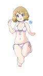  1girl absurdres bangs bare_arms barefoot bikini blonde_hair blue_eyes blush cameltoe commentary_request eyebrows_visible_through_hair full_body hand_up highres looking_at_viewer navel open_mouth pokemon pokemon_(anime) pokemon_xy_(anime) serena_(pokemon) short_hair side-tie_bikini simple_background smile solo swimsuit tax2rin toes tongue white_background white_bikini 
