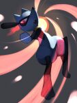  clarashiina commentary_request energy energy_ball fang full_body grey_background highres looking_down no_humans open_mouth pokemon pokemon_(creature) red_eyes riolu solo 
