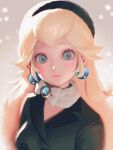  1girl bellhenge blonde_hair blue_eyes blush bow bowtie brooch earrings glint grey_background jewelry light_smile lips long_hair mario_(series) princess_peach simple_background solo super_mario_odyssey upper_body white_bow white_bowtie 
