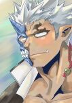  1boy bara blush dark-skinned_male dark_skin gakuran half_mask highres horned_mask horns kusarikake male_focus mask monster_boy muscular muscular_male no_pupils oni_mask pointy_ears school_uniform short_hair shuten_douji_(housamo) sideburns single_horn solo tokyo_afterschool_summoners tusks upper_body white_hair 