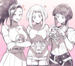  3girls blouse blush boku_no_hero_academia choker couple doll friends heart hetero holding holding_doll jirou_kyouka kaminari_denki midoriya_izuku multiple_girls pink_background shorts simple_background skirt smile takatsuki_ichi todoroki_shouto uraraka_ochako yaoyorozu_momo 