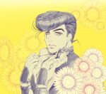  1boy collar_grab diamond_wa_kudakenai flower gakuran higashikata_josuke jojo_no_kimyou_na_bouken lips lipstick makeup male_focus pink_eyes pink_lips pompadour school_uniform solo sumo_(komokomo1201) sunflower 