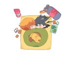  2boys bag bangs black_hair blue_eyes brown_eyes brown_hair card chibi fudou_yuusei hair_between_eyes jiayu_long lamp male_focus map multicolored_hair multiple_boys pharaoh_(cat) shared_blanket short_hair sidelocks sleeping spiked_hair two-tone_hair white_background yaoi yu-gi-oh! yu-gi-oh!_5d&#039;s yu-gi-oh!_gx yuuki_juudai 