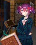  1girl anger_vein black_skirt borrowed_character cave_spider collarbone destinyplayer1 eyebrows_visible_through_hair fang hair_bobbles hair_ornament long_sleeves looking_at_viewer minecraft parted_lips personification purple_hair red_eyes short_hair short_twintails skirt solo twintails 