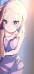  1girl absurdres bangs bare_arms beatrice_(re:zero) blonde_hair blue_eyes blush camui1104 closed_mouth collarbone commentary_request eyelashes hand_up highres long_hair looking_at_viewer lying nightgown on_side parted_bangs purple_nightgown re:zero_kara_hajimeru_isekai_seikatsu red_ribbon revision ribbon short_eyebrows sidelocks solo symbol-shaped_pupils v-shaped_eyebrows 