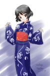  1girl artist_name bangs black_eyes black_hair blue_background blue_kimono blush bob_cut closed_mouth dated eyebrows_visible_through_hair feet_out_of_frame floral_print girls_und_panzer hands_up head_tilt japanese_clothes kimono long_sleeves looking_at_viewer matsui_yasutsugu obi print_kimono raised_eyebrows red_sash sash short_hair signature sketch smile solo standing thick_eyebrows utsugi_yuuki w_arms white_background yukata 