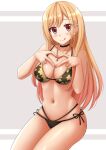  1girl :q bangs bare_arms bare_shoulders bikini black_bikini blonde_hair blush breasts cleavage closed_mouth commentary ear_piercing earrings eyebrows_visible_through_hair floral_print grey_background hands_up heart heart_hands highres jewelry kazenokaze kitagawa_marin long_hair looking_at_viewer medium_breasts multi-strapped_bikini navel piercing print_bikini red_eyes side-tie_bikini sitting skindentation smile solo sono_bisque_doll_wa_koi_wo_suru swimsuit tongue tongue_out two-tone_background very_long_hair white_background 