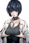  1girl arms_up blue_eyes blue_shirt breast_grab breasts buttons closed_mouth collar collarbone grabbing hand_on_own_chest highres jacket jewelry large_breasts lips looking_at_viewer necklace nurse persona persona_5 pertex_777 shirt short_hair simple_background solo spiked_collar spikes takemi_tae white_background white_jacket 