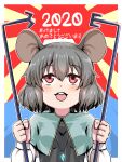  1girl 2020 animal_ears bangs blue_capelet breasts buck_teeth capelet crystal dowsing_rod dress eyebrows_visible_through_hair grey_dress grey_hair happy_new_year holding jewelry long_sleeves mouse_ears mouse_girl nazrin new_year open_mouth papaya_(neopapaya2020) pendant red_eyes rising_sun round_teeth shirt short_hair small_breasts sunburst teeth touhou translation_request upper_teeth white_shirt 
