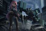  1girl armored_core bangs black_eyepatch building car closed_mouth cloud eyepatch ground_vehicle gun holding holding_gun holding_weapon kotonoha_akane kurione_(zassou) legs_apart mecha motor_vehicle outdoors pink_eyes pink_hair skyscraper smile standing trigger_discipline voiceroid weapon 