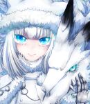  1girl absurdres animal_ears bangs blue_eyes blush breasts buttons cape capelet cat_ears cat_girl cat_tail crop_top dobrynya_nikitich_(fate) dragon fate/grand_order fate_(series) fur-trimmed_capelet fur-trimmed_headwear fur_trim gauntlets hat highres large_breasts long_hair long_sleeves looking_at_viewer tail white_cape white_capelet white_hair white_headwear winoe 