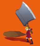  1boy aboutama axe blonde_hair blue_eyes child crown daida fighting_stance full_body holding holding_axe huge_weapon male_focus orange_background ousama_ranking prince short_hair solo weapon 