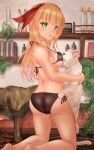  1boy 1girl animal ass back bangs bare_legs barefoot bikini black_bikini blonde_hair bow breasts cat commentary_request ellen_(touhou) green_eyes hair_bow hairband highres holding holding_animal holding_cat kneeling large_breasts long_hair open_mouth red_bow red_hairband shounen_(hogehoge) sokrates_(touhou) swimsuit touhou touhou_(pc-98) white_cat 