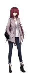 1girl bag bangs black_footwear blue_pants boots bracelet closed_mouth coat collarbone denim eyebrows_visible_through_hair fate/empire_of_dirt fate_(series) full_body game_cg grey_coat hair_between_eyes hair_intakes hand_in_pocket handbag high_heel_boots high_heels highres ikemeru19 jewelry long_hair long_sleeves looking_at_viewer open_clothes open_coat pants red_eyes red_hair scathach_(fate) shiny shiny_hair shirt solo standing straight_hair tachi-e transparent_background very_long_hair white_shirt 