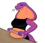  2020 anthro bodily_fluids bra clothed clothing cobra female flatt hi_res keeshee ncs purple_body reptile rolling_pin scalie signature simple_background snake snake_hood solo spots sweat underwear white_background 