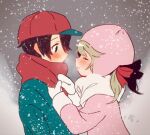  1boy 1girl ana_(mother) bangs black_hair blonde_hair blue_eyes blush closed_mouth couple hetero imminent_kiss long_sleeves looking_at_another mittens mother_(game) mother_1 ninten outdoors scarf shifumame short_twintails snow snowing swept_bangs twintails winter_clothes 