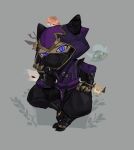  1boy black_pants ghostgrass grey_background highres hood hood_up kennen league_of_legends long_sleeves looking_at_viewer mask mouth_mask ninja ninja_mask pants purple_eyes simple_background sitting slit_pupils solo yordle 