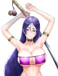  1girl armlet armpits bangs bare_shoulders blush breasts cleavage closed_mouth collarbone fate/grand_order fate_(series) gloves highres holding holding_weapon katana large_breasts long_hair looking_at_viewer minamoto_no_raikou_(fate) minamoto_no_raikou_(swimsuit_lancer)_(fate) parted_bangs purple_eyes purple_hair simple_background smile solo swimsuit sword upper_body very_long_hair weapon white_background yukimune 