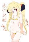  1girl 2022 :o ajoea akeome animal_print arm_behind_back artist_name bangs bare_shoulders bikini black_ribbon blonde_hair blush chinese_zodiac commentary cowboy_shot eyebrows_visible_through_hair fate_testarossa flat_chest front-tie_bikini front-tie_top groin hair_ribbon happy_new_year highres long_hair looking_at_viewer lowleg lowleg_bikini lyrical_nanoha mahou_shoujo_lyrical_nanoha micro_bikini navel new_year parted_lips print_bikini red_eyes ribbon side-tie_bikini sidelocks signature simple_background solo standing strapless strapless_bikini swimsuit tiger_print translated twintails white_background year_of_the_tiger yellow_bikini 