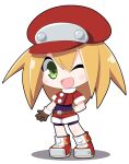  1girl belt bike_shorts blonde_hair brown_gloves cabbie_hat chibi covered_navel cropped_jacket full_body gloves green_eyes hat jacket long_hair looking_at_viewer mega_man_(series) mega_man_legends one_eye_closed open_mouth osaragi_mitama red_headwear red_jacket red_shorts roll_caskett_(mega_man) short_sleeves shorts simple_background smile solo white_background 