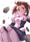  1girl :3 absurdres bodysuit boku_no_hero_academia breasts brown_eyes brown_hair closed_mouth floating_hair highres long_hair looking_at_viewer medium_breasts simple_background smile solo tenpa_(tenpa2190) twitter_username uraraka_ochako white_background 