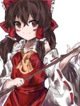  1girl ascot bare_shoulders blush bow brown_hair closed_mouth collar detached_sleeves frilled_bow frilled_hair_tubes frills hair_bow hair_tubes hakurei_reimu highres japanese_clothes long_hair looking_at_viewer miko nontraditional_miko one-hour_drawing_challenge red_bow red_eyes red_shirt red_skirt ribbon-trimmed_sleeves ribbon_trim shirt sidelocks simple_background skirt skirt_set sleeveless smile solo sutaku77224 touhou upper_body white_background white_collar yellow_ascot 