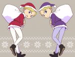  2boys aboutama alternate_costume blonde_hair blue_eyes child clone crown daida from_behind hat looking_at_viewer male_focus multiple_boys ousama_ranking pants prince santa_costume santa_hat short_hair walking white_pants 