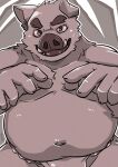  2022 anthro asian_clothing belly bodily_fluids clothing east_asian_clothing fundoshi hi_res humanoid_hands japanese_clothing kemono male mammal moobs navel overweight overweight_male solo suid suina sus_(pig) sweat tiri_mama underwear wild_boar 