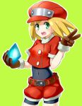  1girl belt bike_shorts blonde_hair brown_gloves cabbie_hat covered_navel cropped_jacket gloves green_eyes hat highres jacket keizoo long_hair looking_at_viewer mega_man_(series) mega_man_legends open_mouth red_headwear red_jacket red_shorts roll_caskett_(mega_man) short_sleeves shorts simple_background smile solo 