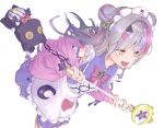  1girl :d apron character_doll detached_sleeves double_bun hair_ornament hairclip harapeko_zombie_inu highres holding holding_staff hololive jacket lolita_fashion long_hair magical_girl maid_headdress multicolored_hair murasaki_shion pink_hair pink_jacket purple_hair shiokko_(murasaki_shion) silver_hair simple_background sleeveless smile solo staff streaked_hair stuffed_animal stuffed_cat stuffed_toy sweet_lolita triangle_hair_ornament v-shaped_eyebrows virtual_youtuber w_arms white_apron white_background yellow_eyes 