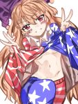  1girl american_flag american_flag_legwear american_flag_shirt blonde_hair blush breasts clothes_lift clownpiece double_v dress fairy frilled_shirt_collar frills hat highres jester_cap leg_up leggings long_hair looking_at_viewer navel neck_ruff no_wings purple_headwear red_eyes shirt_lift simple_background smile solo star_(symbol) striped striped_dress sutaku77224 teasing teeth touhou underboob v very_long_hair white_background 
