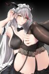  1girl absurdres aegir_(azur_lane) alternate_costume ass azur_lane black_bra black_garter_straps black_legwear black_panties black_skirt bra breasts demon_horns detached_collar enmaided eyebrows_visible_through_hair grey_background grey_hair hand_in_hair highres horns lace-trimmed_legwear lace_trim large_breasts maid maid_headdress multicolored_hair panties red_hair simple_background skirt solo streaked_hair thighhighs turboflower two-tone_hair underwear 