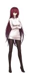  1girl bangs black_legwear breasts closed_mouth crossed_arms dress eyebrows_visible_through_hair fate/empire_of_dirt fate_(series) full_body game_cg hair_between_eyes hair_intakes highres ikemeru19 large_breasts long_hair long_sleeves looking_at_viewer pantyhose red_eyes red_hair scathach_(fate) shiny shiny_hair short_dress solo standing straight_hair sweater sweater_dress tachi-e transparent_background turtleneck turtleneck_sweater very_long_hair white_dress white_sweater 