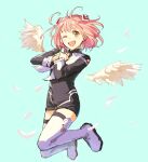  1girl ahoge black_dress bomssp boots brown_eyes dress full_body hair_ornament jumping looking_at_viewer m.o.m.o. one_eye_closed open_mouth pink_hair short_dress short_hair silver_trim simple_background smile solo thigh_boots thighhighs white_legwear wings xenosaga zettai_ryouiki 