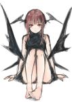  1girl bare_shoulders barefoot bat_wings black_dress closed_mouth dress expressionless feet full_body highres knees_up koakuma leaning_back looking_at_viewer low_wings nagata_nagato red_eyes red_hair simple_background sitting sketch solo toes touhou white_background wings 