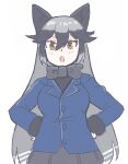  1girl animal_ears black_bow black_bowtie black_fur blue_jacket blush bow bowtie commentary_request eyebrows_visible_through_hair fox_ears fox_girl from_below fur_trim grey_hair grey_skirt highres jacket kemono_friends long_hair long_sleeves looking_at_viewer multicolored_hair open_mouth pleated_skirt silver_fox_(kemono_friends) silver_hair skirt solo tmtkn1 yellow_eyes 