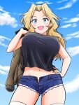  1girl bangs black_shirt blonde_hair blue_eyes blush breasts contrapposto covered_nipples cowboy_shot crop_top crop_top_overhang cutoffs denim denim_shorts eyebrows_visible_through_hair forehead from_below girls_und_panzer hachiko_(kota091986) hair_intakes hand_on_hip highres jacket jacket_over_shoulder jacket_removed kay_(girls_und_panzer) large_breasts long_hair looking_at_viewer midriff navel open_fly open_mouth parted_bangs shirt short_shorts shorts sky smile thighhighs thighs unzipped 