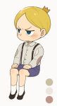  1boy aboutama blonde_hair blue_eyes blush child collared_shirt crown daida denim denim_shorts male_focus ousama_ranking prince shirt short_hair shorts socks solo suspenders white_shirt younger 