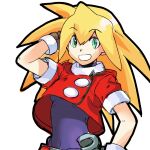  1girl blonde_hair brown_gloves cropped_jacket gloves green_eyes jacket long_hair looking_at_viewer mega_man_(series) mega_man_legends red_jacket roll_caskett_(mega_man) short_sleeves simple_background smile solo white_background 