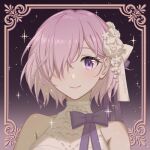  1girl bare_shoulders blush bow closed_mouth collarbone deepseaeidolon eyebrows_visible_through_hair fate/grand_order fate_(series) flower framed hair_flower hair_ornament hair_over_one_eye looking_at_viewer mash_kyrielight pink_hair purple_bow purple_eyes shiny shiny_hair short_hair smile solo white_flower 