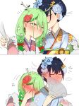  2girls absurdres antlers apron bangs blue_eyes blue_hair blush bow braid braided_bangs ceres_fauna flower folding_fan green_hair hair_flower hair_ornament hand_fan highres hololive hololive_english japanese_clothes kimono kiss kissing_forehead long_hair luzisimp multicolored_hair multiple_girls ouro_kronii short_hair virtual_youtuber yellow_eyes 