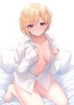  1girl ass_visible_through_thighs bangs barefoot bed_sheet blonde_hair breasts closed_mouth collared_shirt commentary_request commission dress_shirt eyebrows_visible_through_hair groin hair_between_eyes hands_up highres long_sleeves looking_at_viewer medium_breasts naked_shirt original pillow pixiv_request red_eyes sakura_neko shirt simple_background sleeves_past_wrists smile solo white_background 
