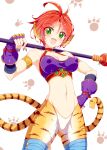  1girl animal_ears blush breasts breath_of_fire breath_of_fire_ii bustier cat_ears cat_tail facial_mark furry furry_female gloves green_eyes highres looking_at_viewer medium_breasts no_panties no_pants open_mouth pointy_ears red_hair rinpoo_chuan short_hair smile solo staff tail yakisoba_(kaz2113) 