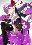  1girl bangs bb_(fate) black_legwear blouse breasts cherry_blossoms eyebrows_behind_hair eyebrows_visible_through_hair fate/extra fate/grand_order fate_(series) flower gloves hair_ribbon high_heels highres hitotose_hirune holding jacket long_hair petals purple_eyes purple_hair ribbon skirt solo thighhighs victory_pose white_gloves 