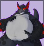  after_vore anthro belly big_belly black_body capcom flying_wyvern hi_res looking_pleasured low-angle_view male male_pred monster_hunter nargacuga navel neck_tuft oral_vore presenting scales sillywerwolf simple_background smile smug_grin solo tuft video_games vore 