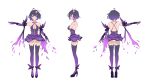 1girl absurdres back bangs blue_eyes blush bob_cut breasts character_sheet cleavage closed_mouth concept_art dress elbow_gloves full_body gloves high_heels highres honkai_(series) honkai_impact_3rd looking_at_viewer medium_hair panties purple_dress purple_footwear purple_gloves purple_hair purple_legwear seele_vollerei simple_background smile solo tattoo underwear white_background white_panties xionghan_de_guangtou 