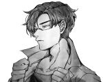  1boy apex_legends collarbone collared_shirt crypto_(apex_legends) from_side frown glasses greyscale hair_behind_ear highres looking_down male_focus monochrome mozuwaka portrait shirt solo white_background 